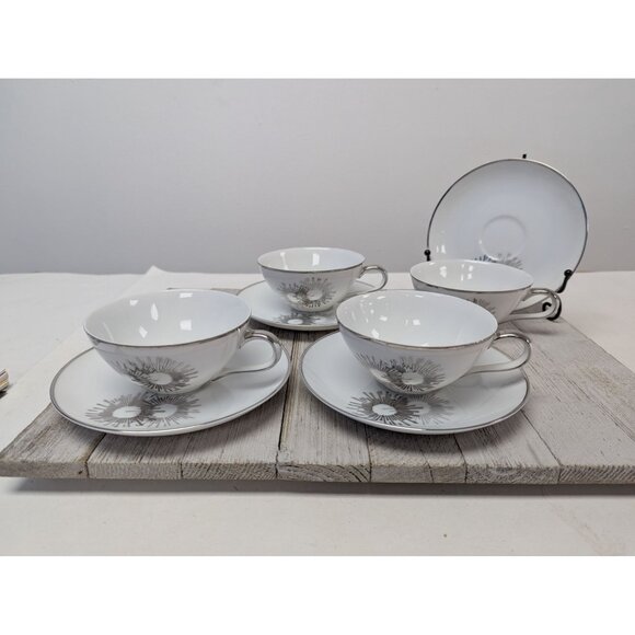 Vintage Kutani Set 4 Saucers and Cups White Silver Gray Bursts Japan Teacups - Picture 1 of 14